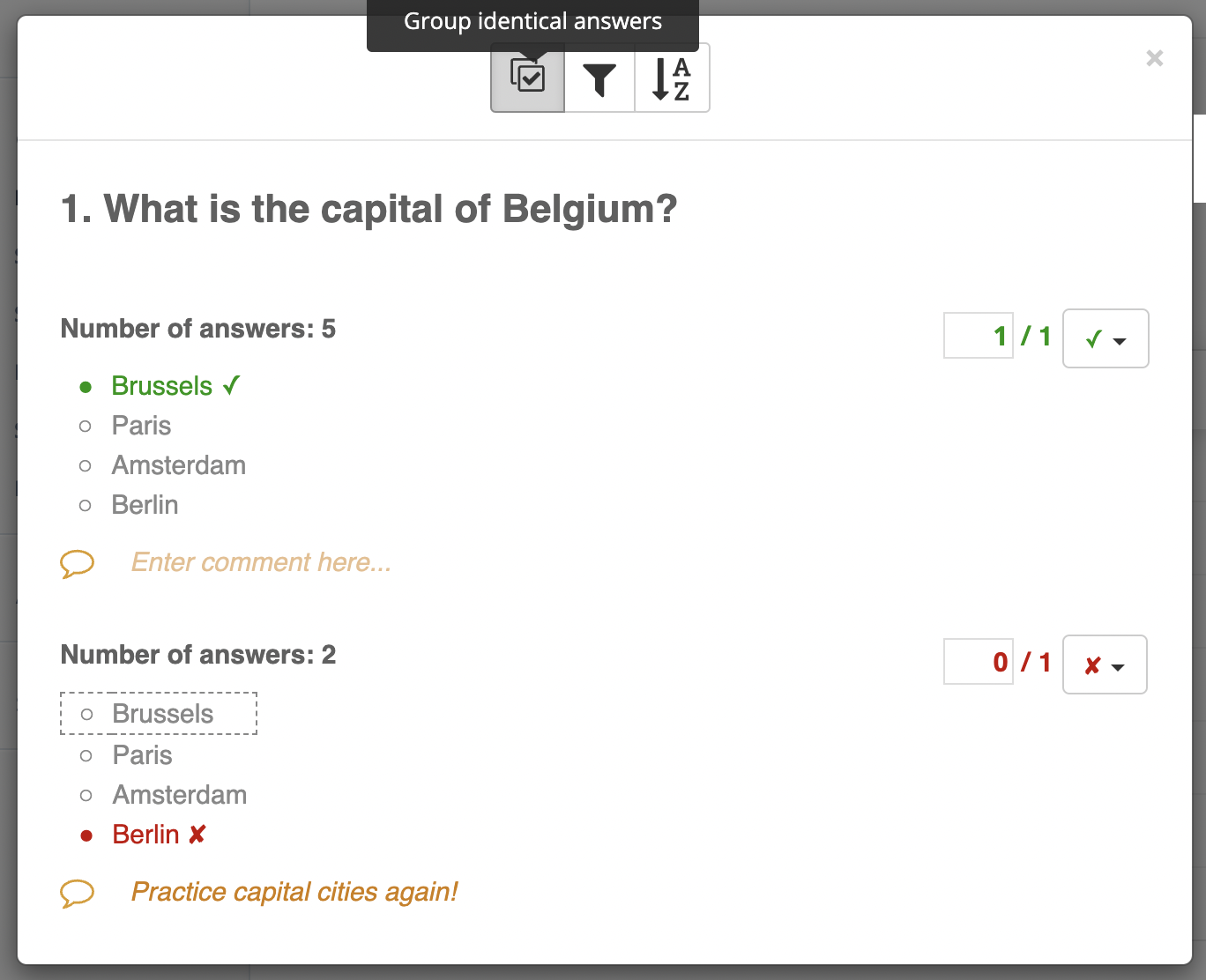 Group identical answers in BookWidgets