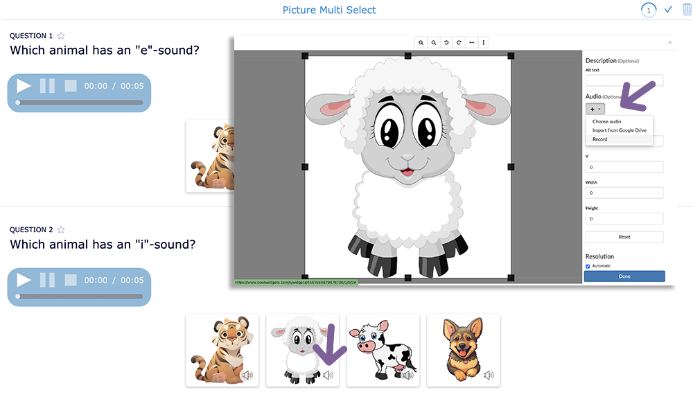 audio to images in questions in bookwidgets