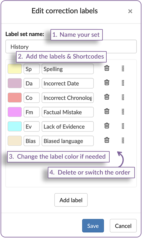 Configuring correction labels or feedback labels in bookwidgets