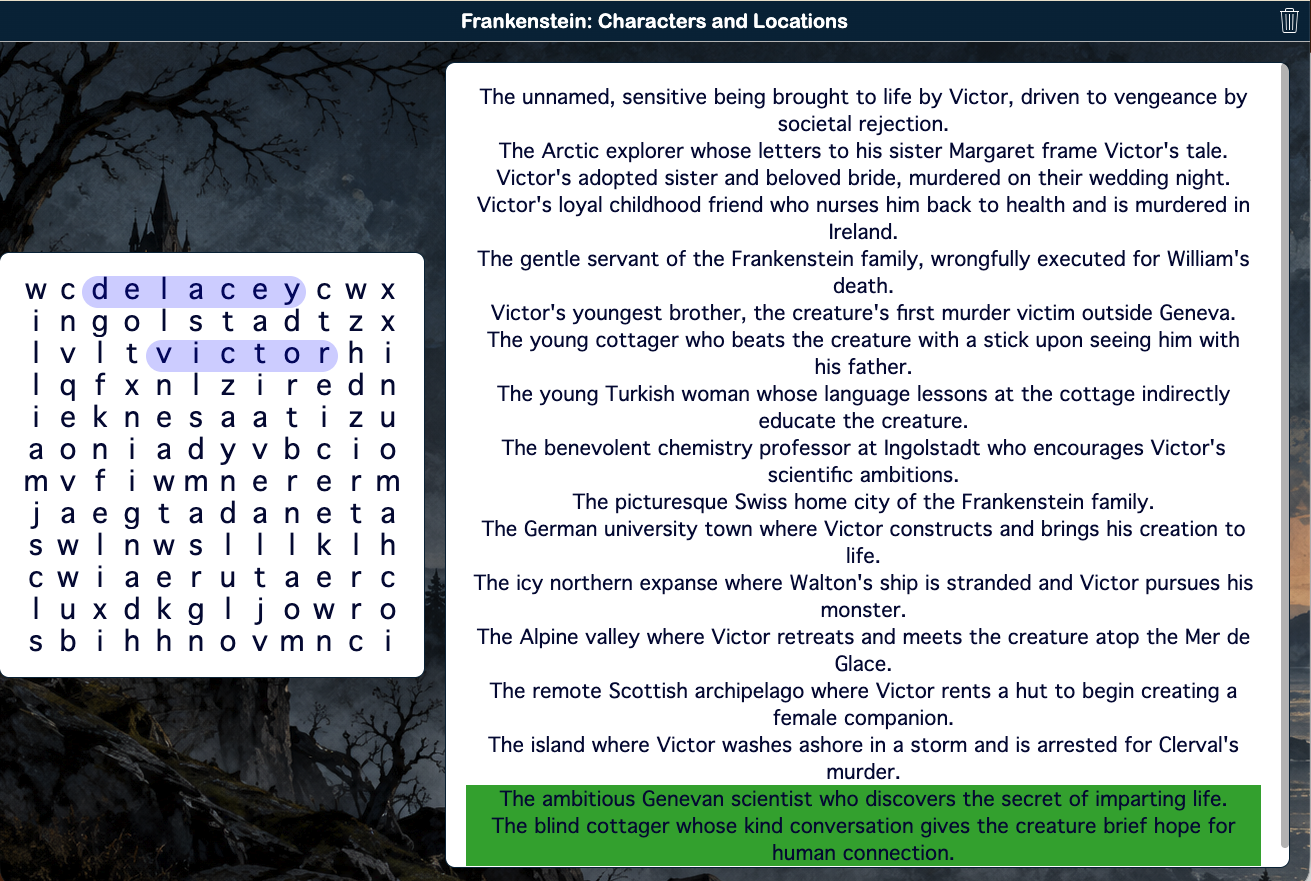 Frankenstein Characters and Locations Word Search