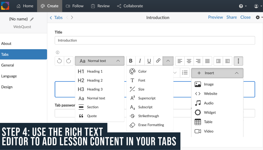 Use the Rich Text Editor to Add Lesson Content in your WebQuest Tabs