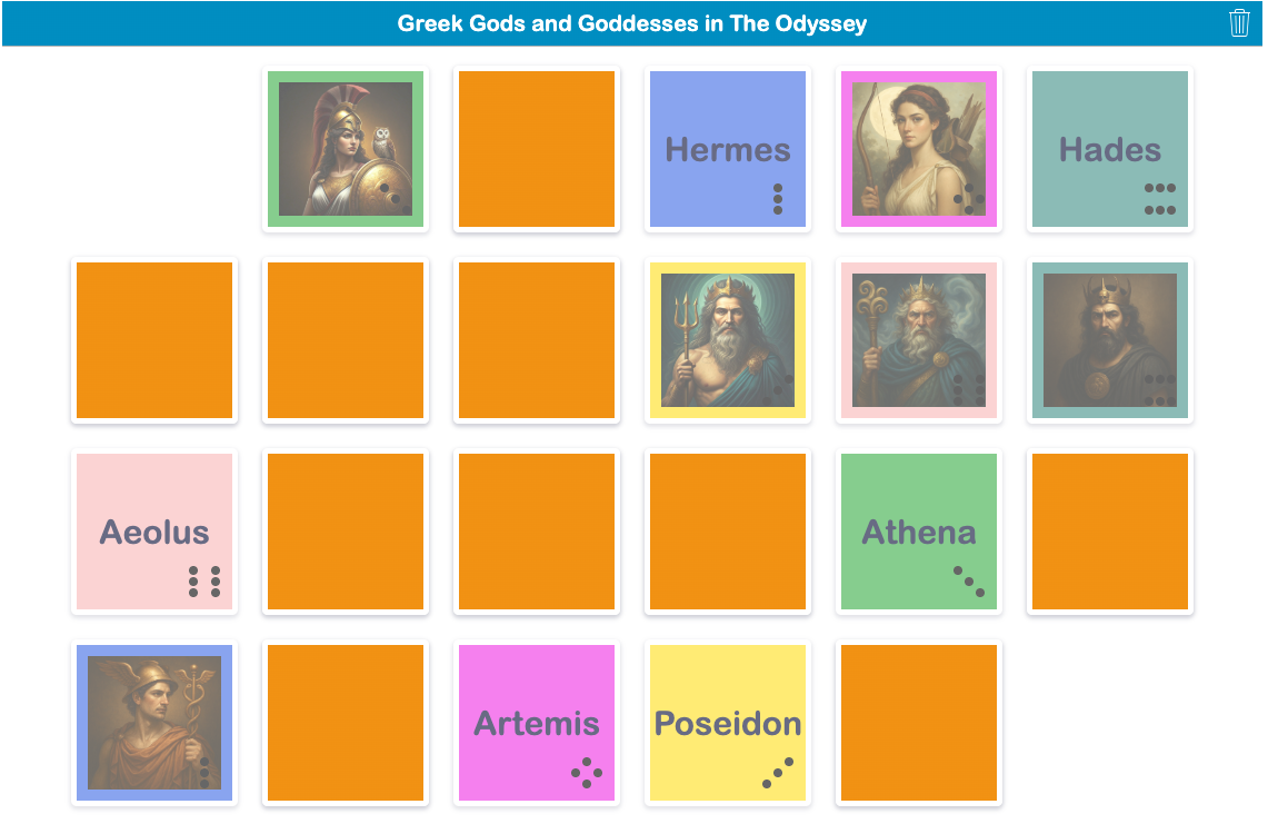 Greek gods and goddesses memory game for The Odyssey