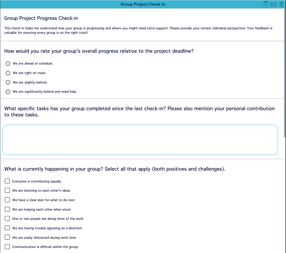 Group Project Progress Check-In activity created with the BookWidgets Worksheet widget