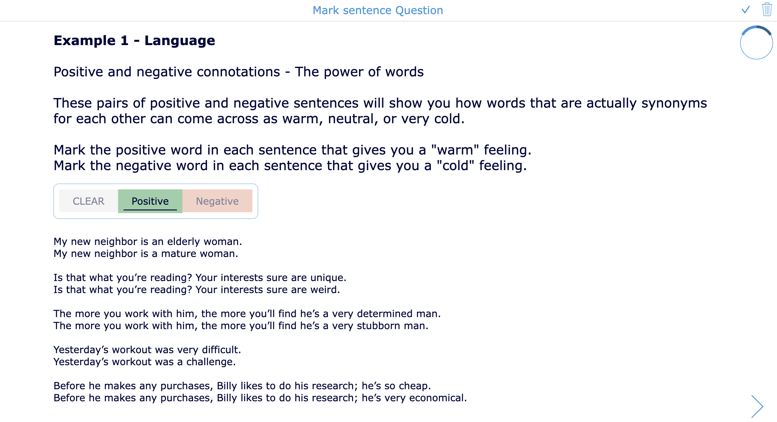 Open the ready-to-use BookWidgets quiz with Mark sentence question examples