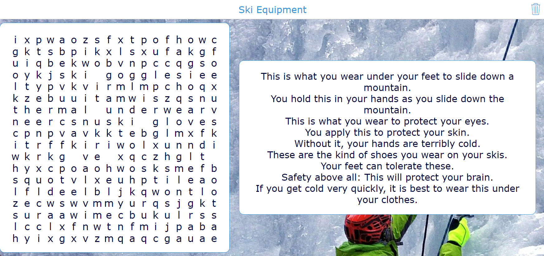 Language Word Search Puzzle - Ski vacation