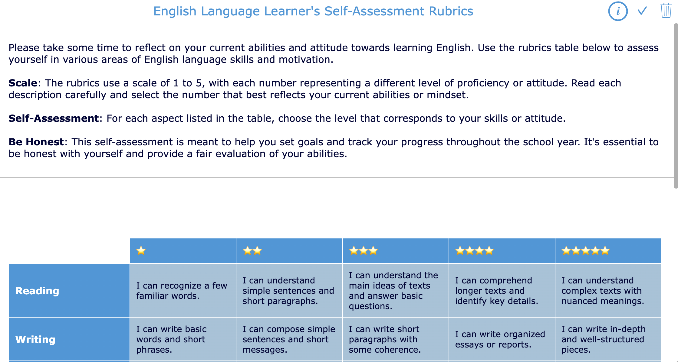 Diagnostic pre-assessment test ELL self-assessment BookWidgets