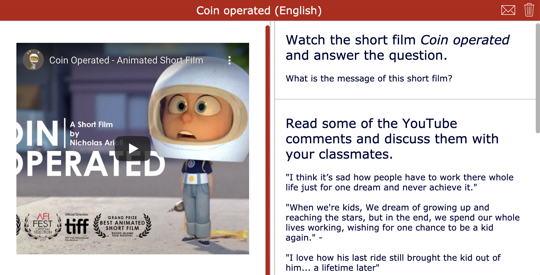 Short film - Coin operated - Youtube comments lesson activity