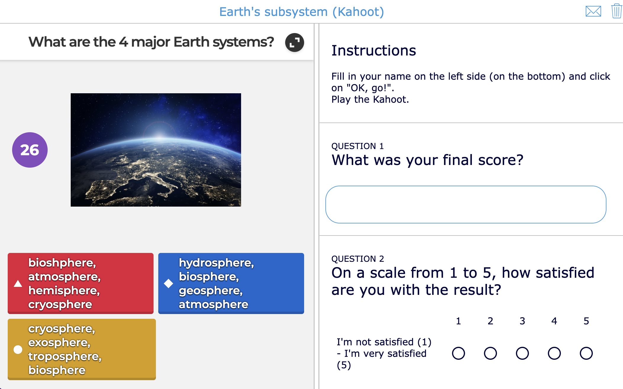 Kahoot lesson idea - Geography - Earth subsystems