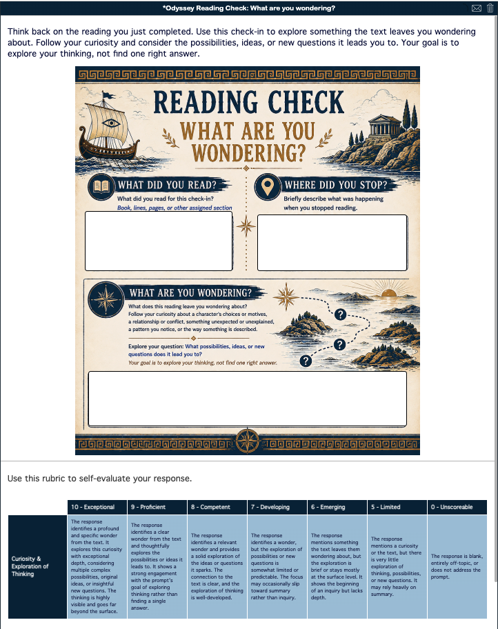 The Odyssey reading check asking students What Are You Wondering