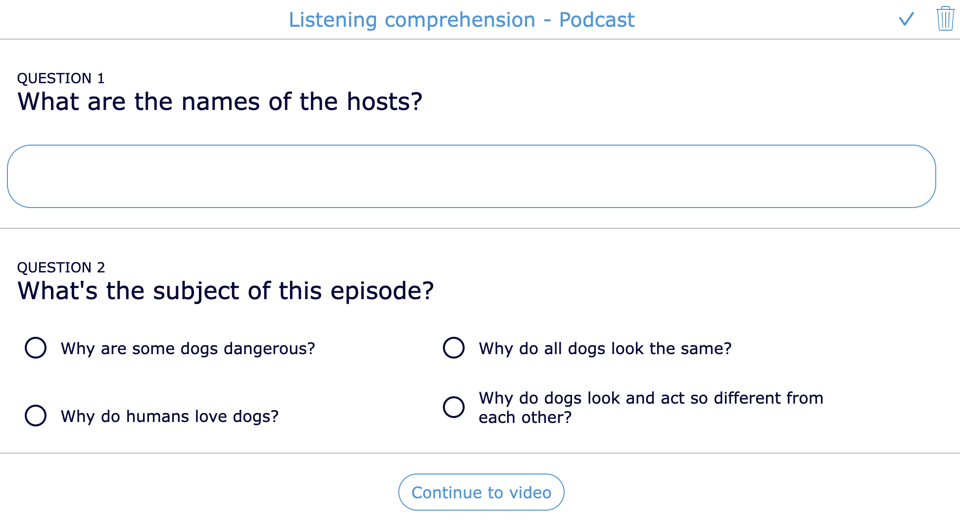 Diagnostic pre-assessment test ELL listening comprehension BookWidgets