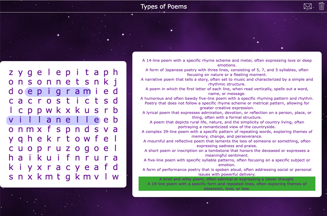 Types of Poems Word Search