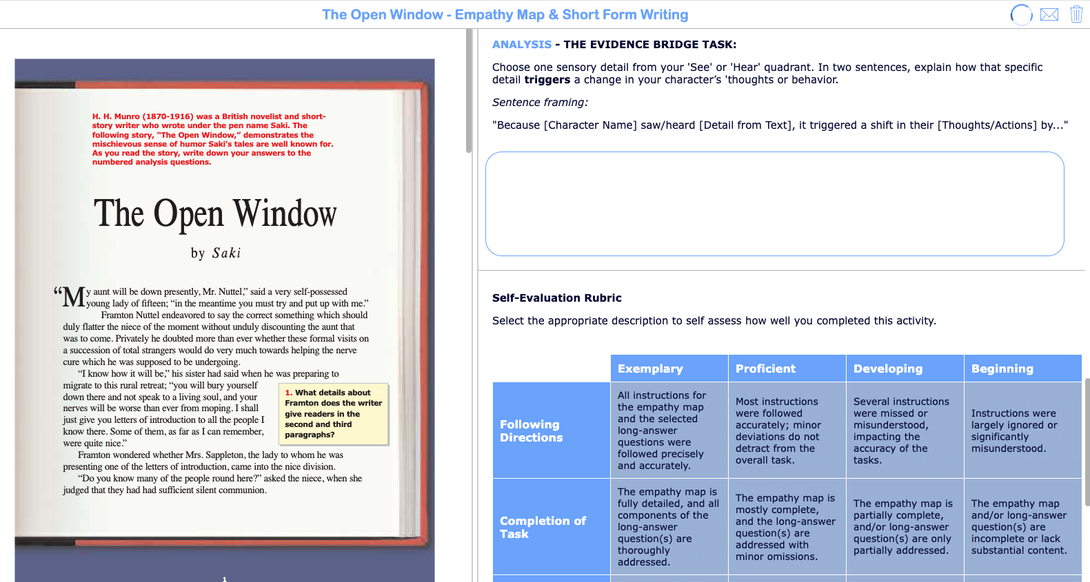 ready-to-use Empathy Mapping and Short Form Writing Activity featuring "The Open Window" by Saki