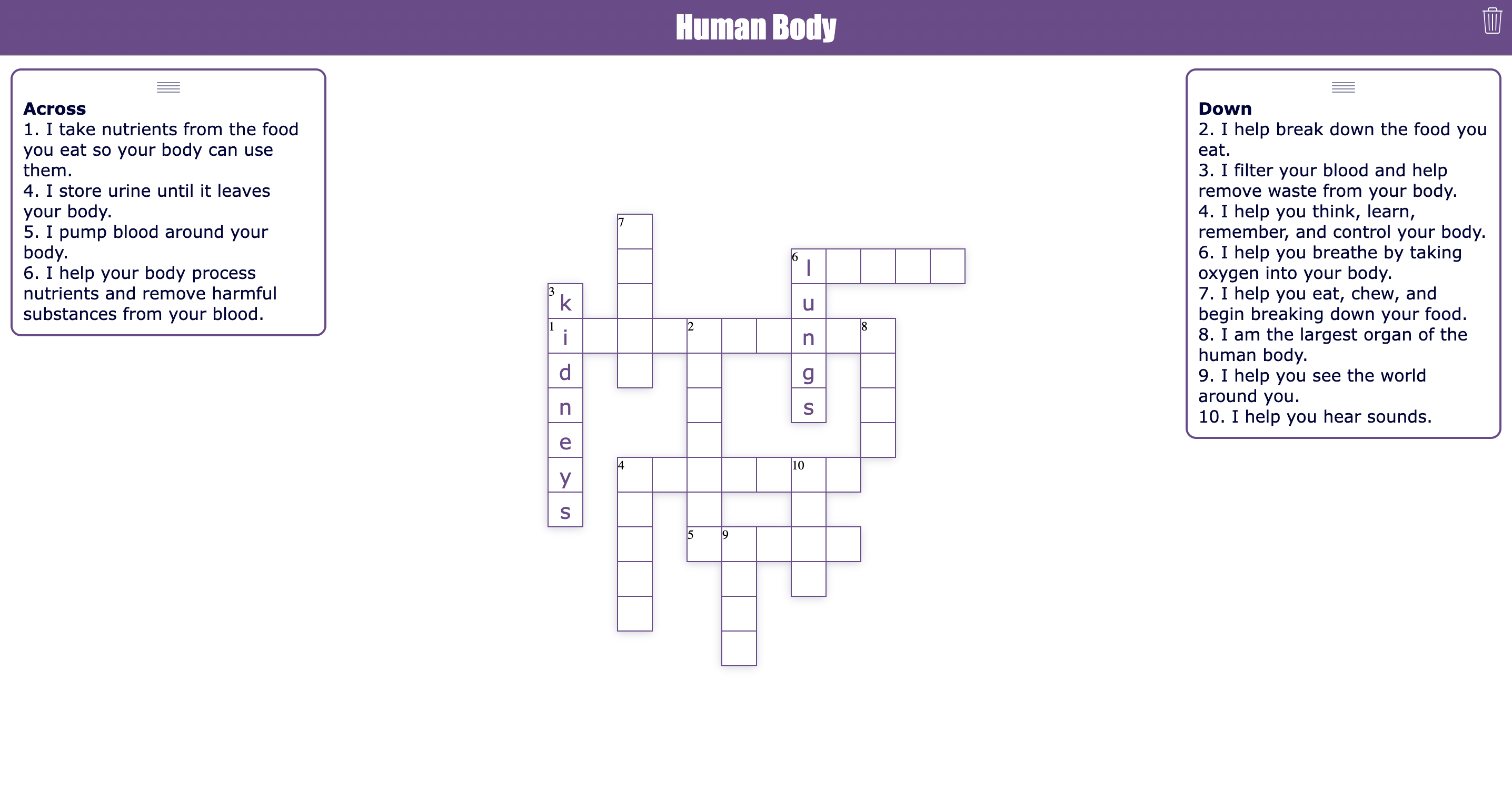 Human body crossword with clues about organs and body parts
