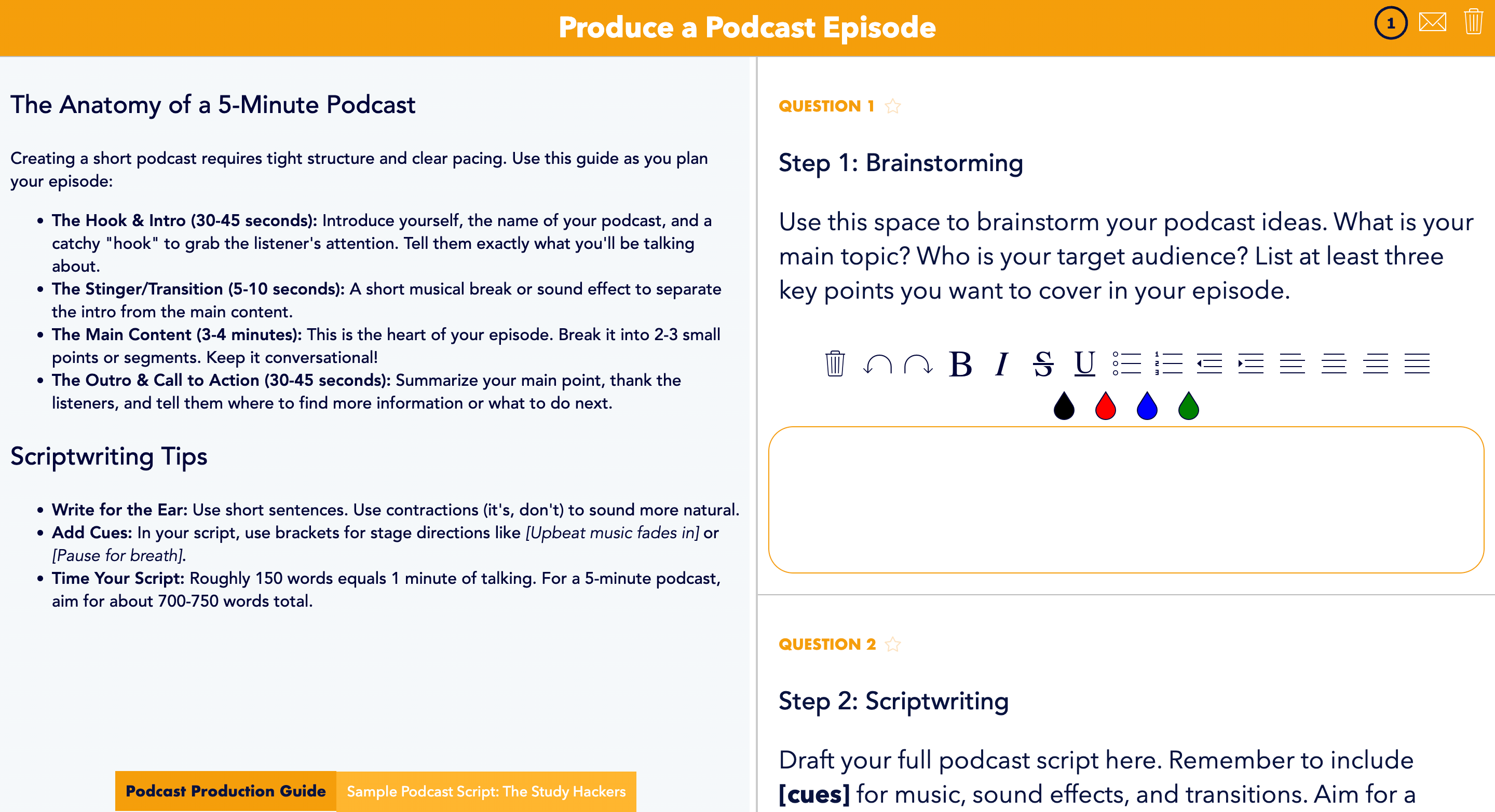 BookWidgets activity to guide students through the podcast production process