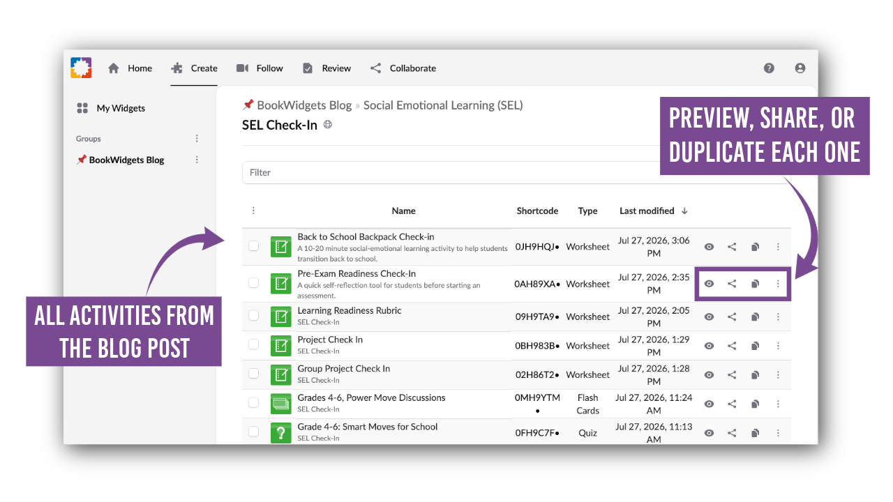 Collection of 20 SEL Check-Ins in the BookWidgets Blog Group