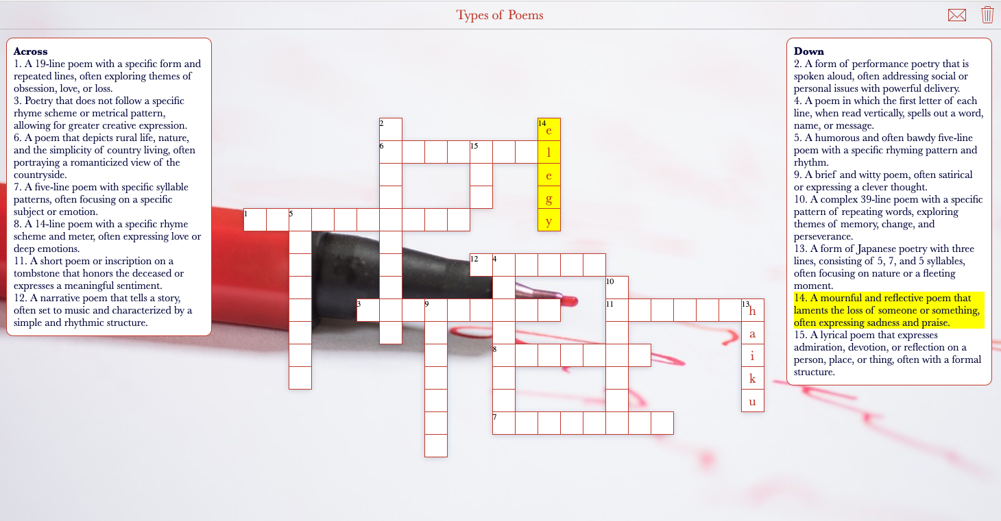 Types of Poems Crossword