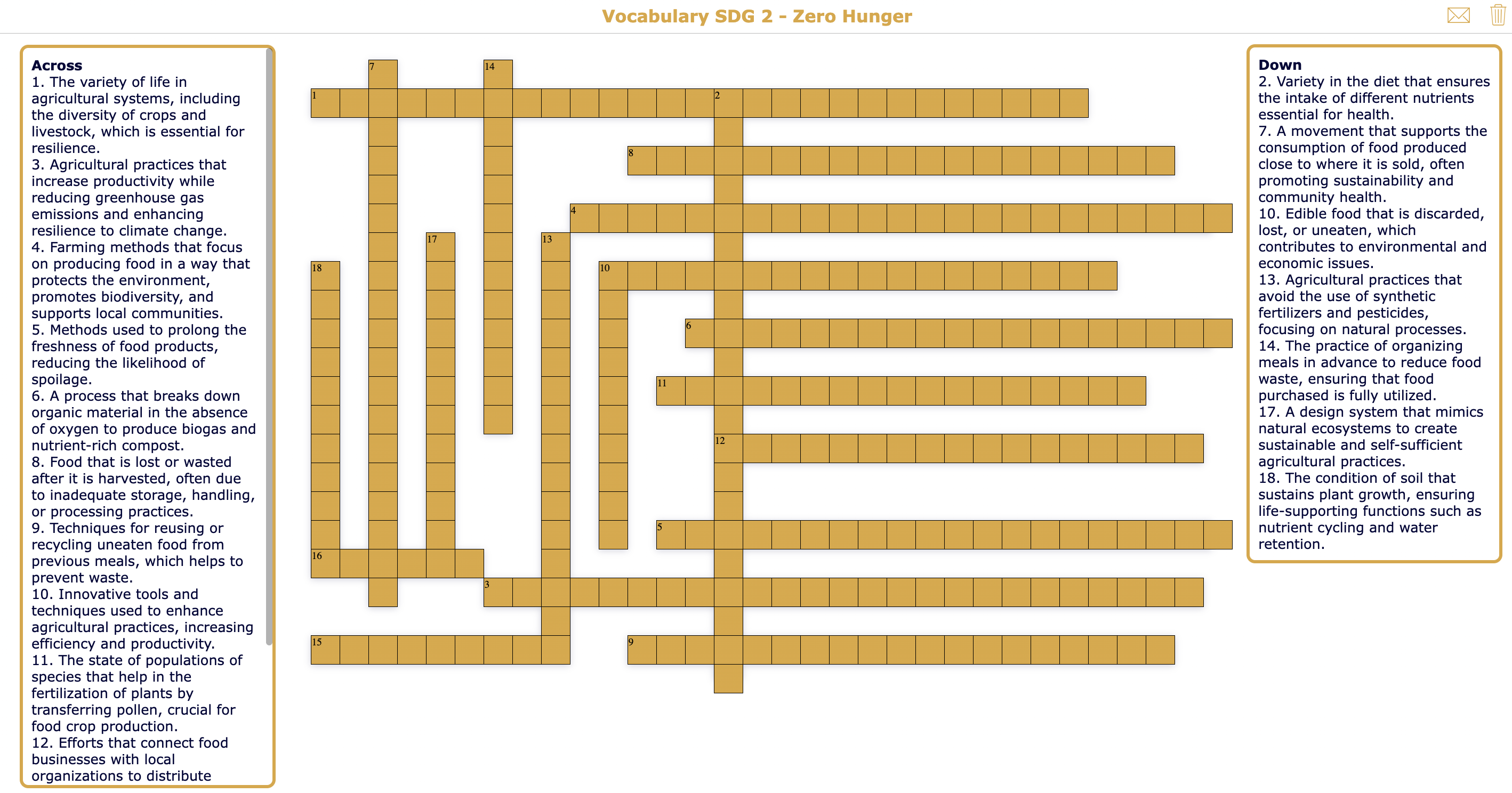 Crossword Vocabulary SDG 2 - Zero Hunger 