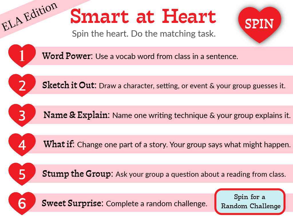 Smart at Heart ELA dice game for Valentine’s Day reading and writing review