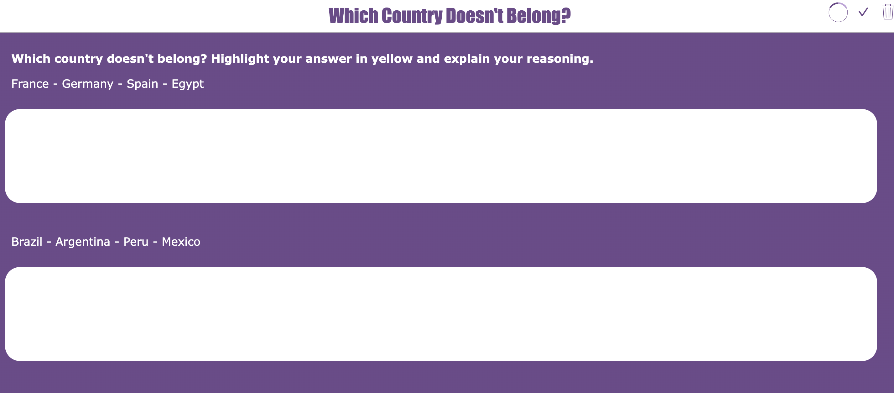 Geography activity comparing countries and identifying which one does not belong