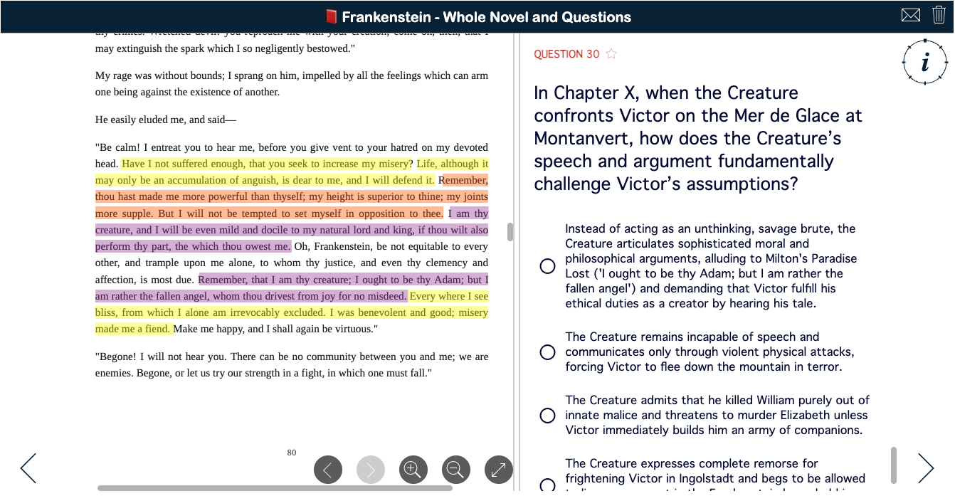 Mary Shelley's Frankenstein, complete novel and questions