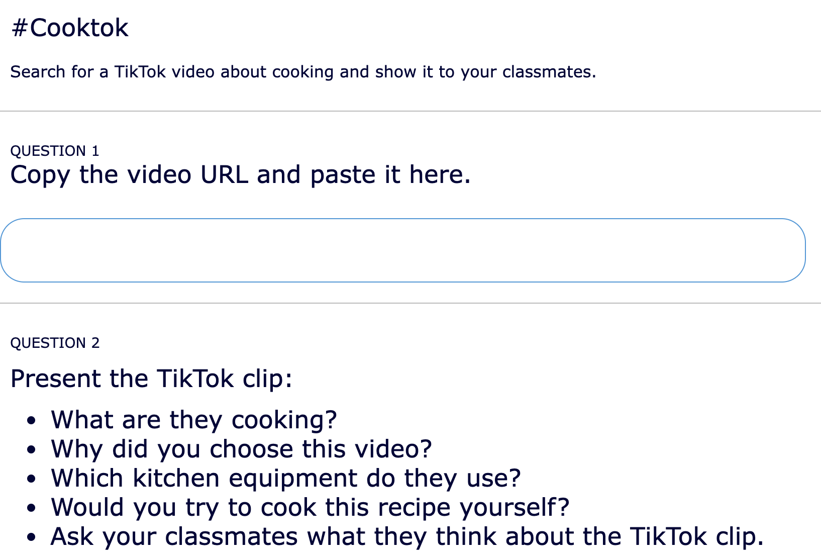 TikTok lesson idea - English ESL - Cooktok