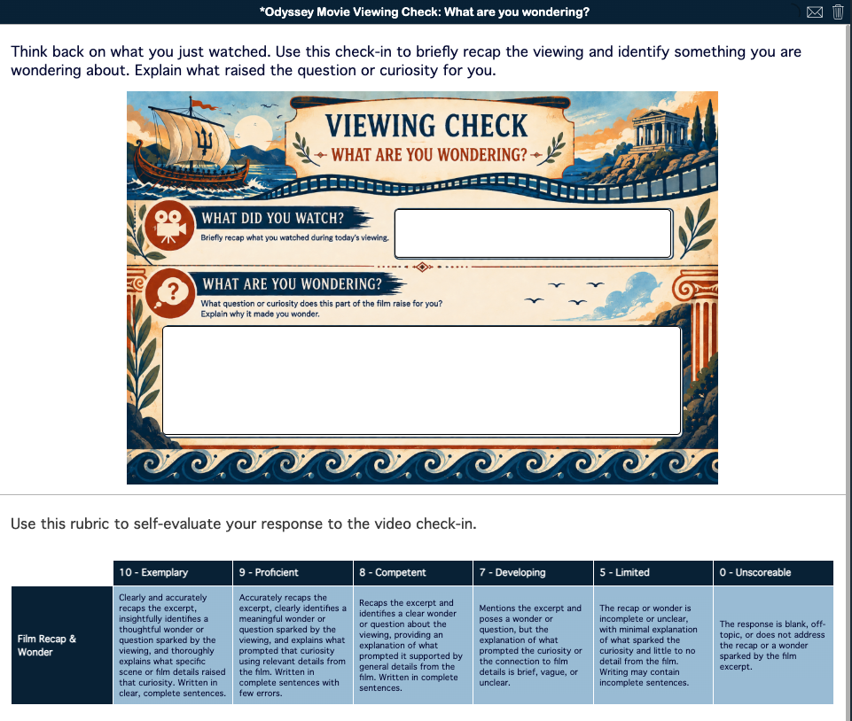 The Odyssey film viewing check asking What Are You Wondering