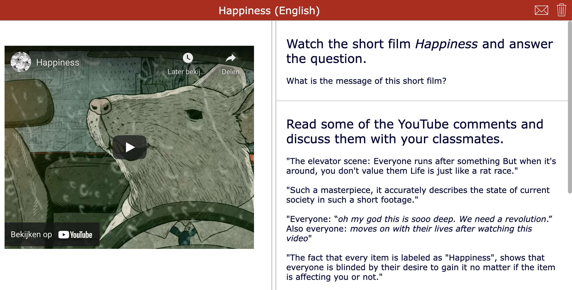 Short film - Happiness - Youtube comments lesson activity