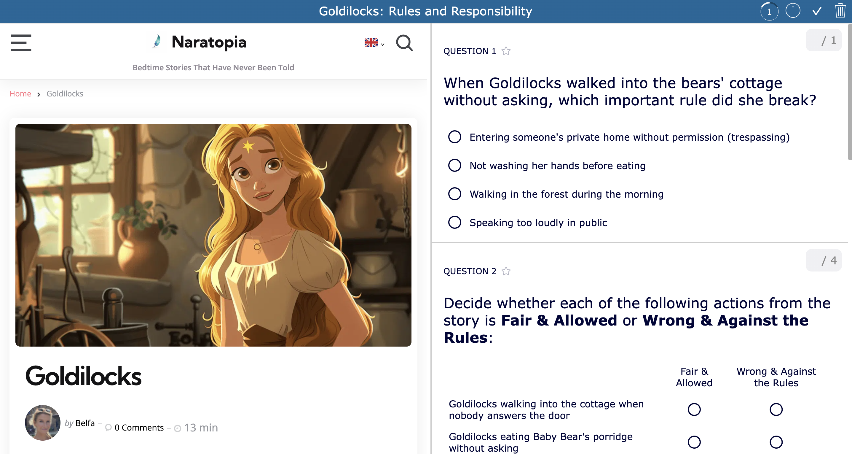 Goldilocks story and quiz BookWidgets activity