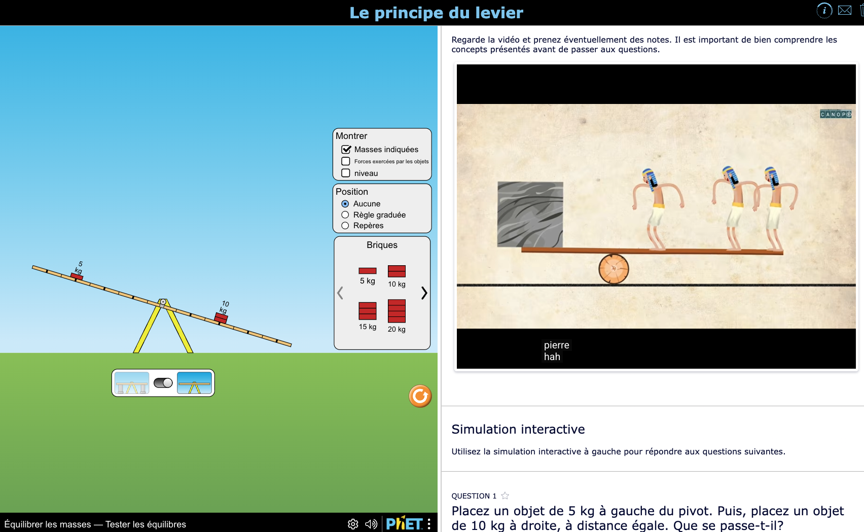 Plan de leçon avec simulation scientifique PhET sur le principe du levier