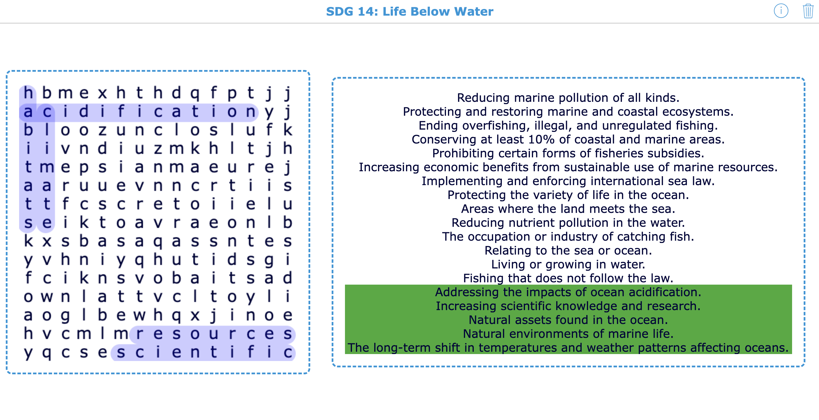 The terminology of SDG 14 - BookWidgets Word Search - High school students