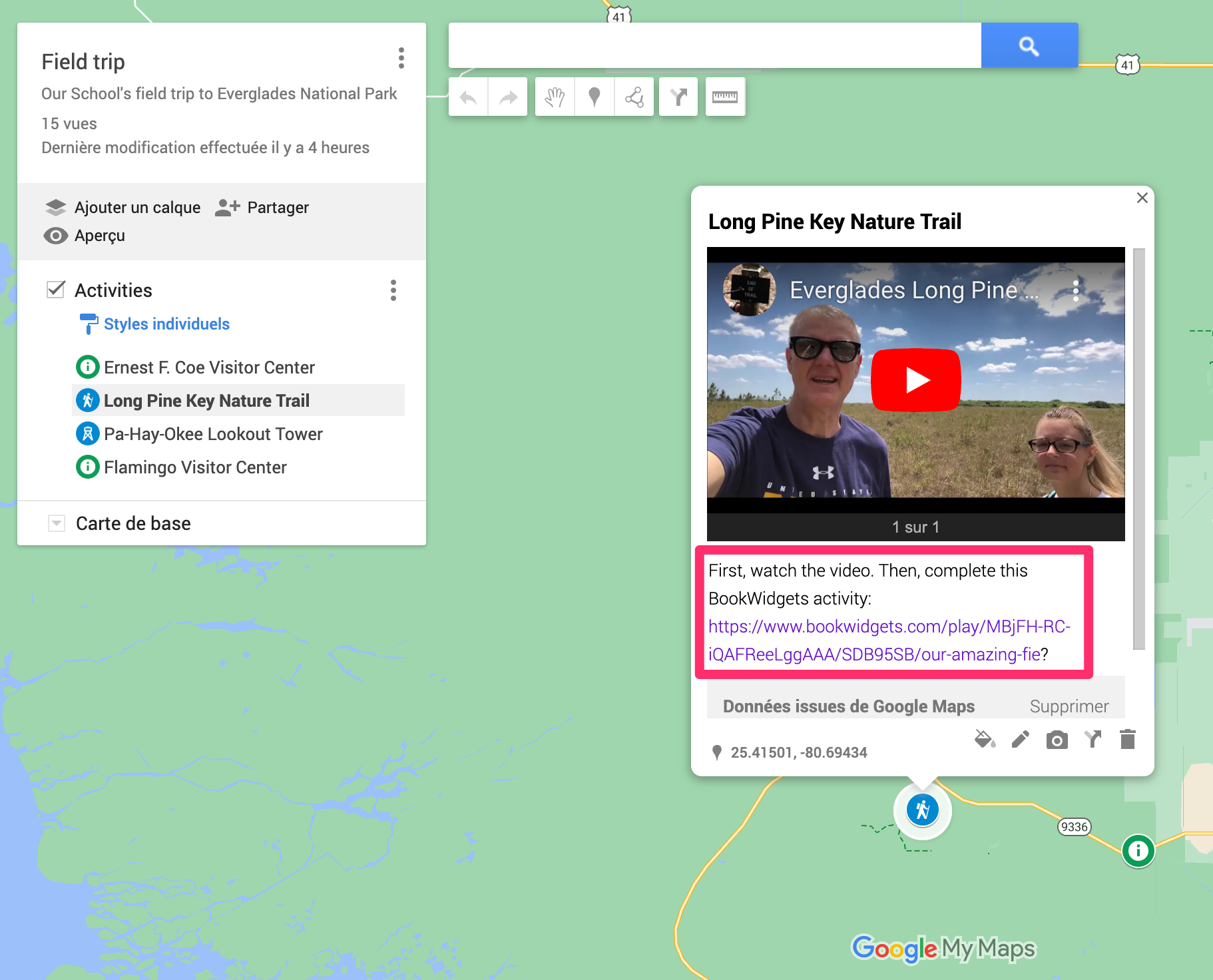 Sharing a BookWidgets activity in Google MyMaps