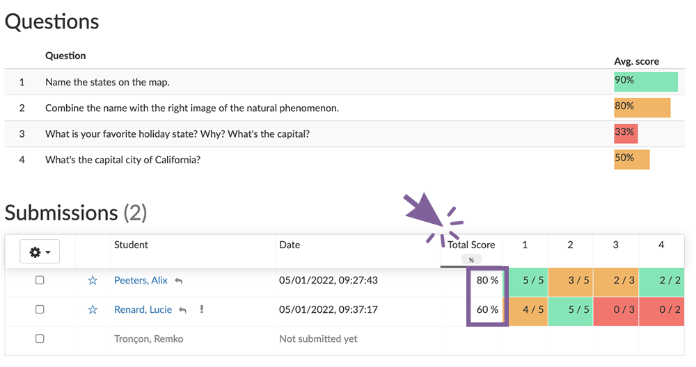 Toggle between grades and percentages in BookWidgets