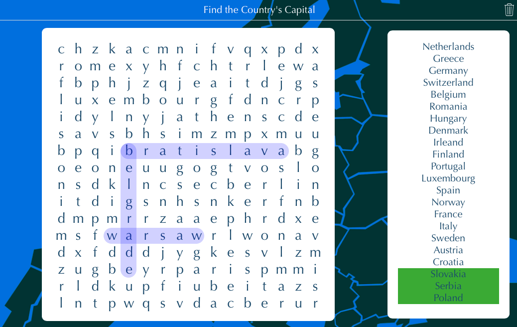 Science Word Search Puzzle - European Capitals