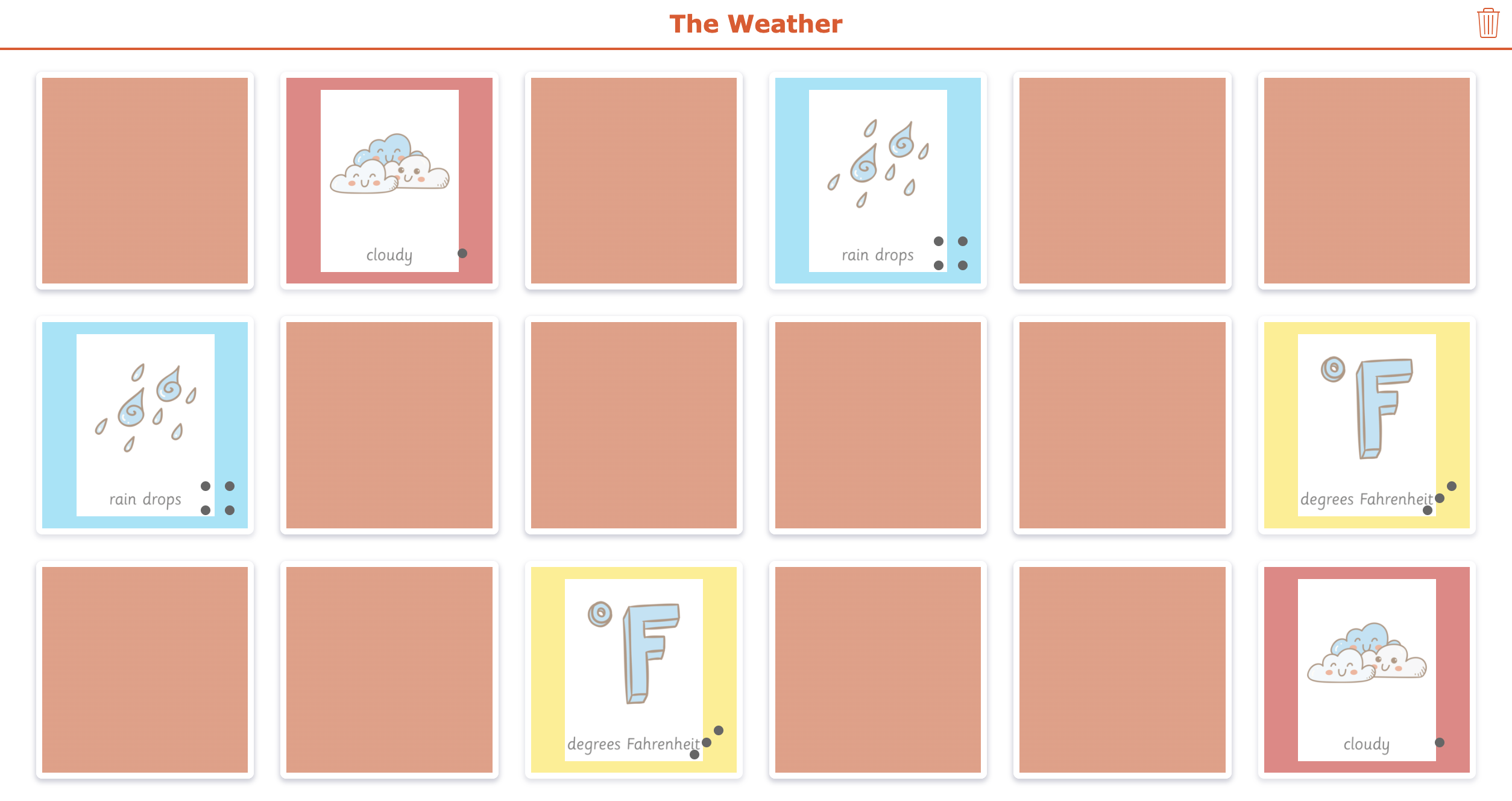 Weather-themed memory game with customizable reward message for students