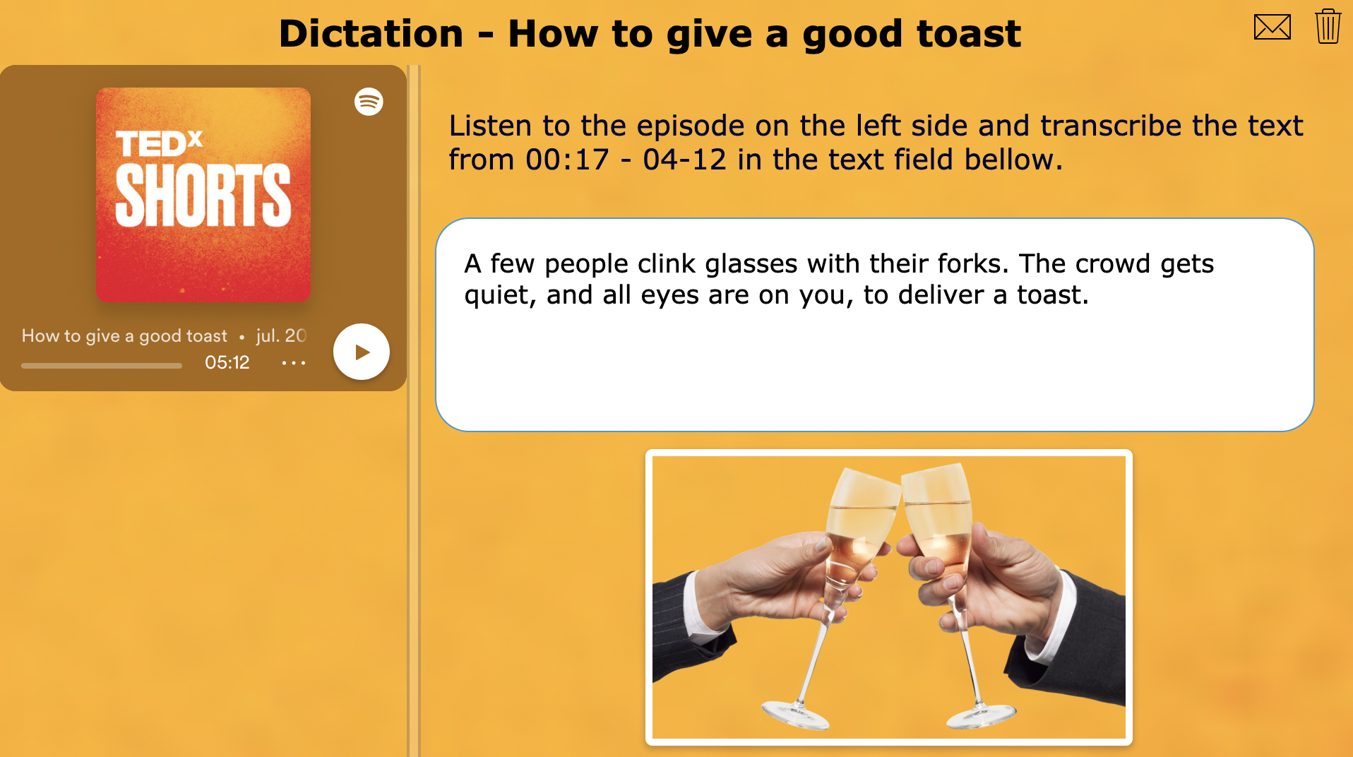 podcast dictation activity - Ted Talk - How to give a good toast