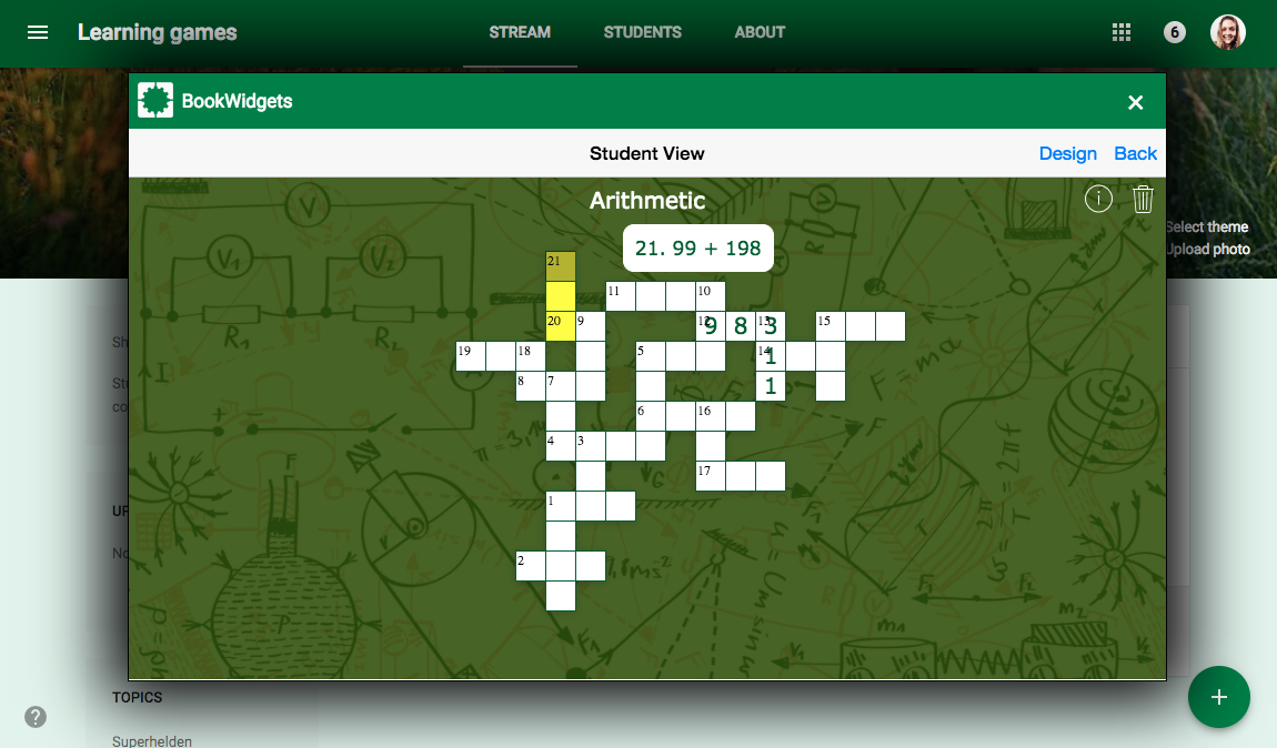 Learning game crossword in Google Classroom