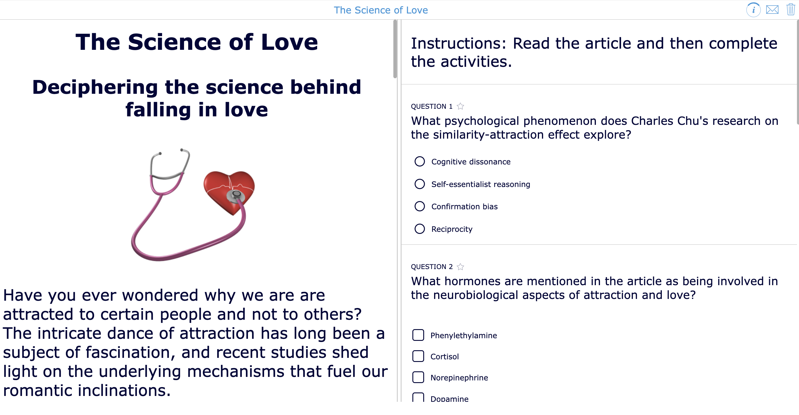 Science of Love reading text for Valentine’s Day