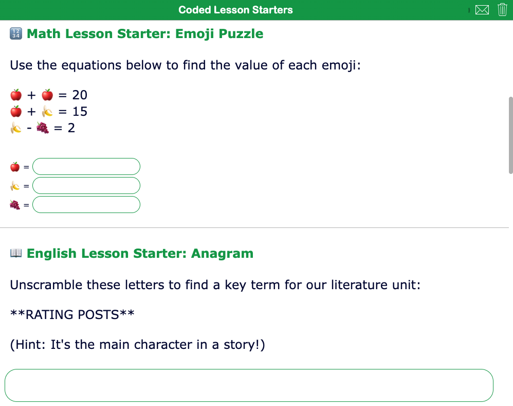 Secret Message Lesson starter examples