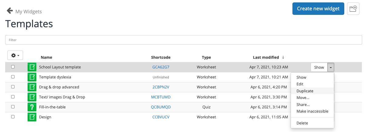 BookWidgets activity templates