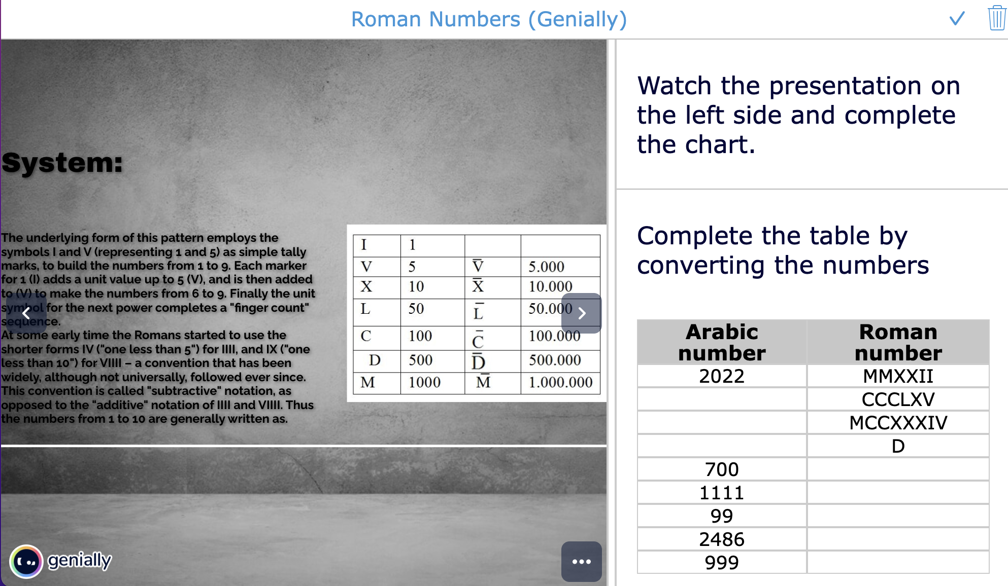 Genially lesson idea - Roman numbers