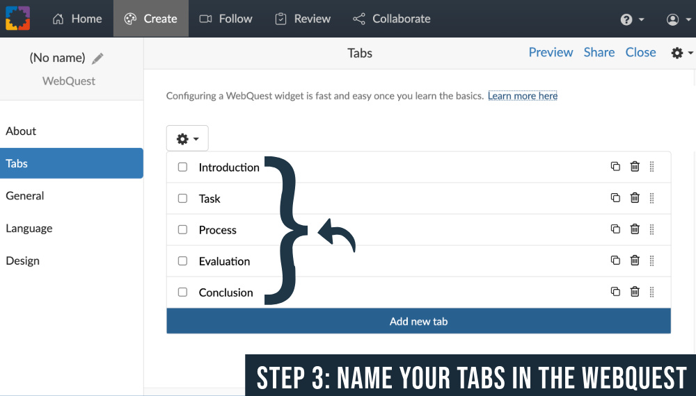 Add tabs to your WebQuest activity