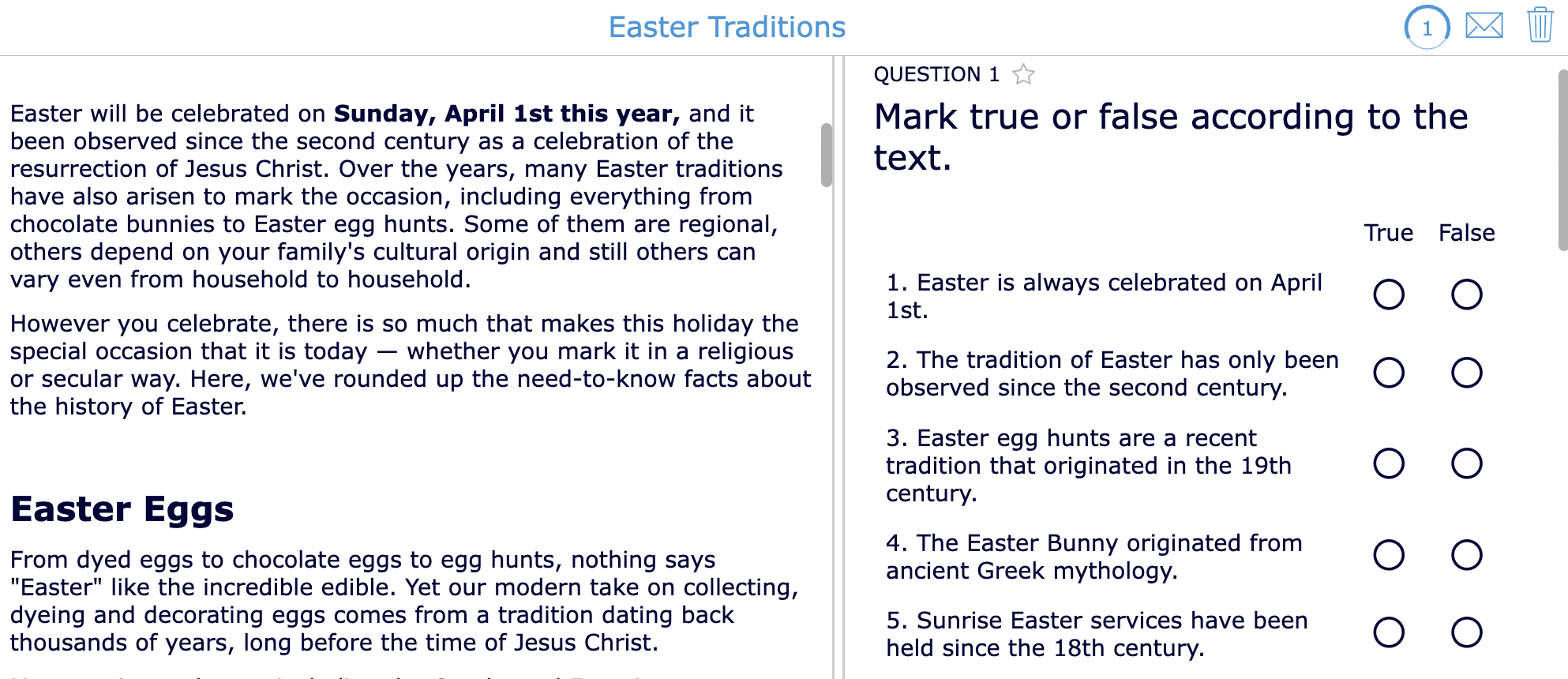 Reading comprehension - Easter