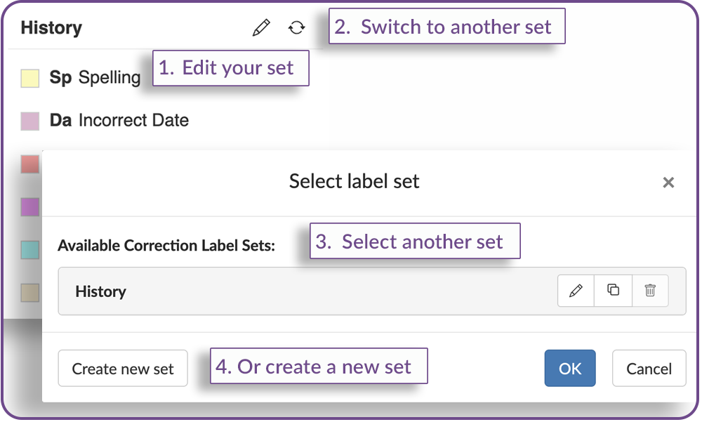 Switching correction labels or feedback label sets in BookWidgets