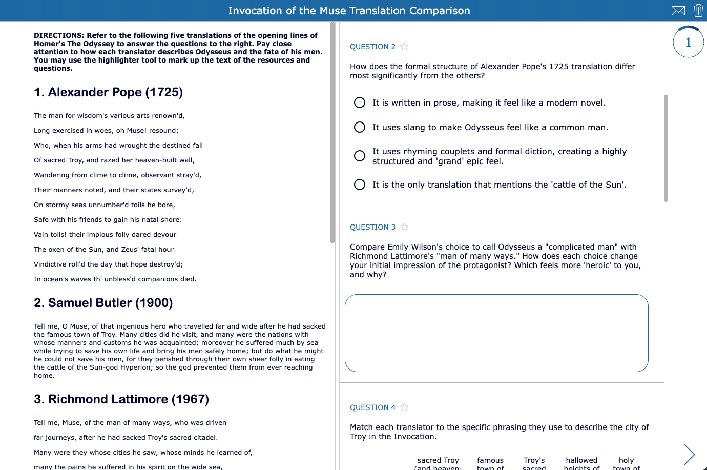 The Odyssey Invocation of the Muse translation comparison activity