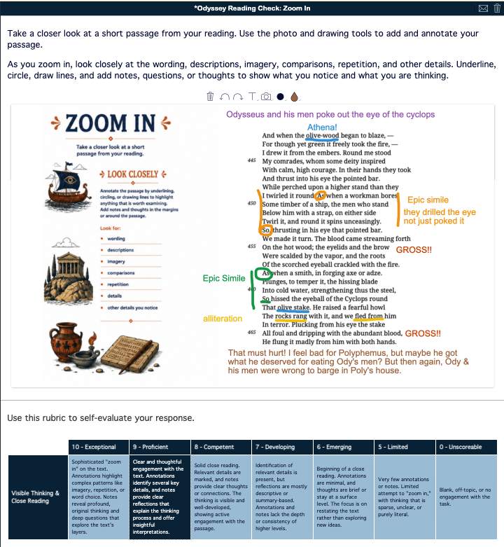 Sample student annotations from an Odyssey Zoom In close reading activity