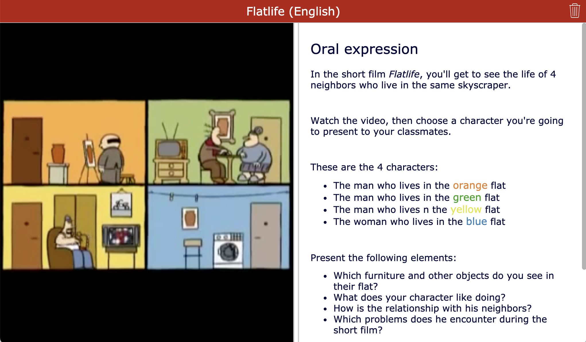 Short film - Flatlife - Oral expression lesson activity