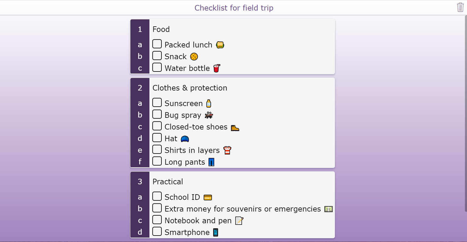 Checklist fieldtrip