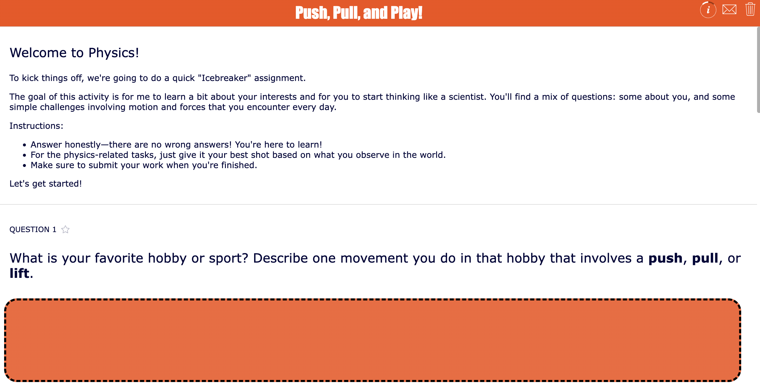 BookWidgets push-and-pull classroom physics activity for primary students