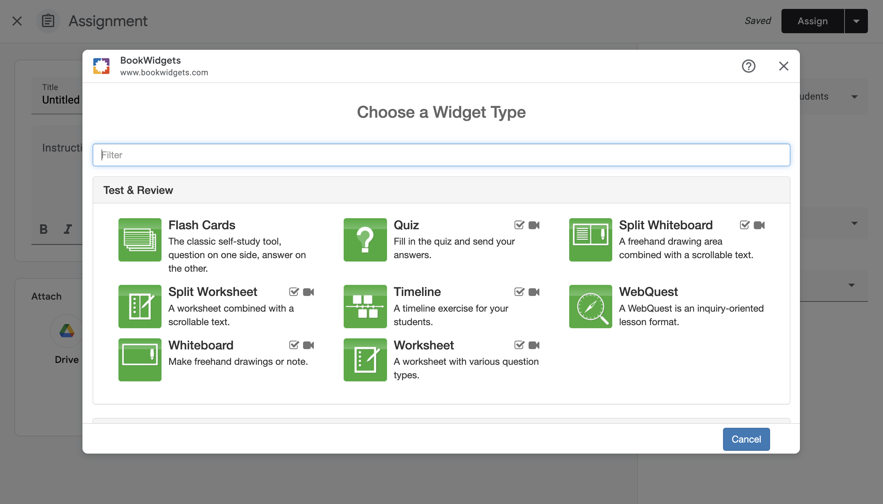 Bookwidgets widget library in Google Classroom add-on