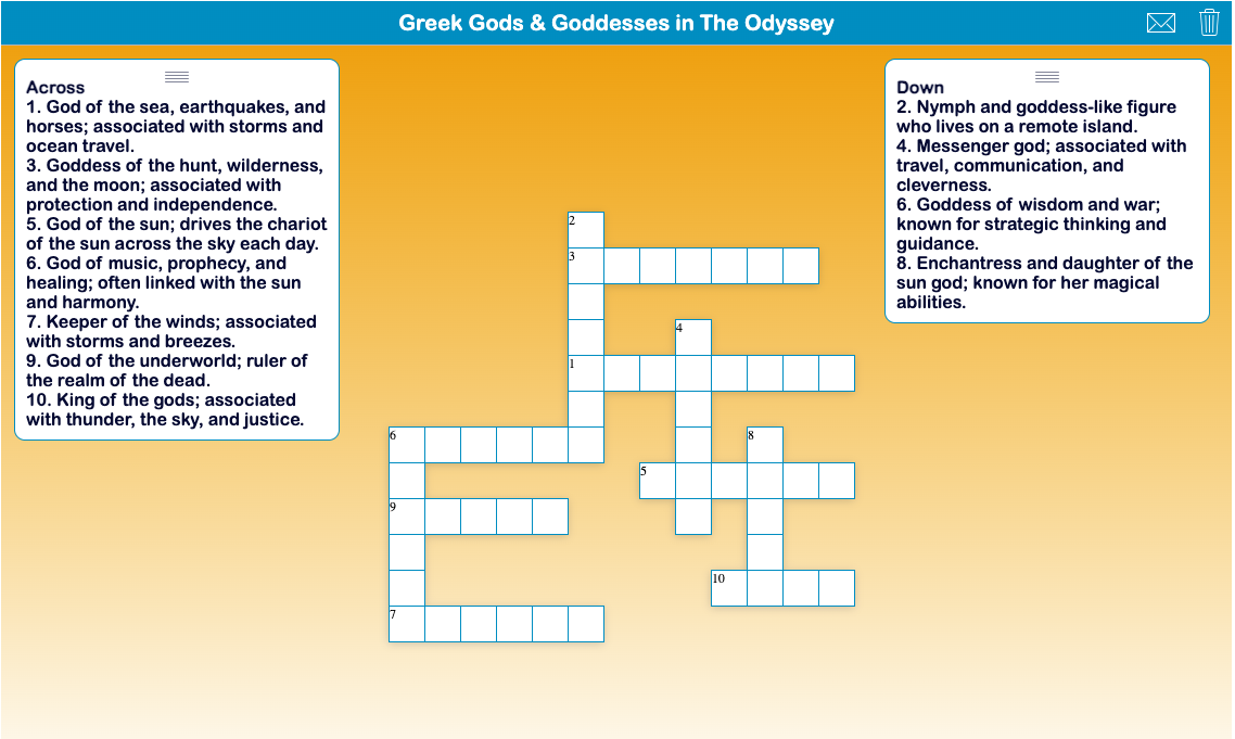 Greek mythology crossword activity for The Odyssey